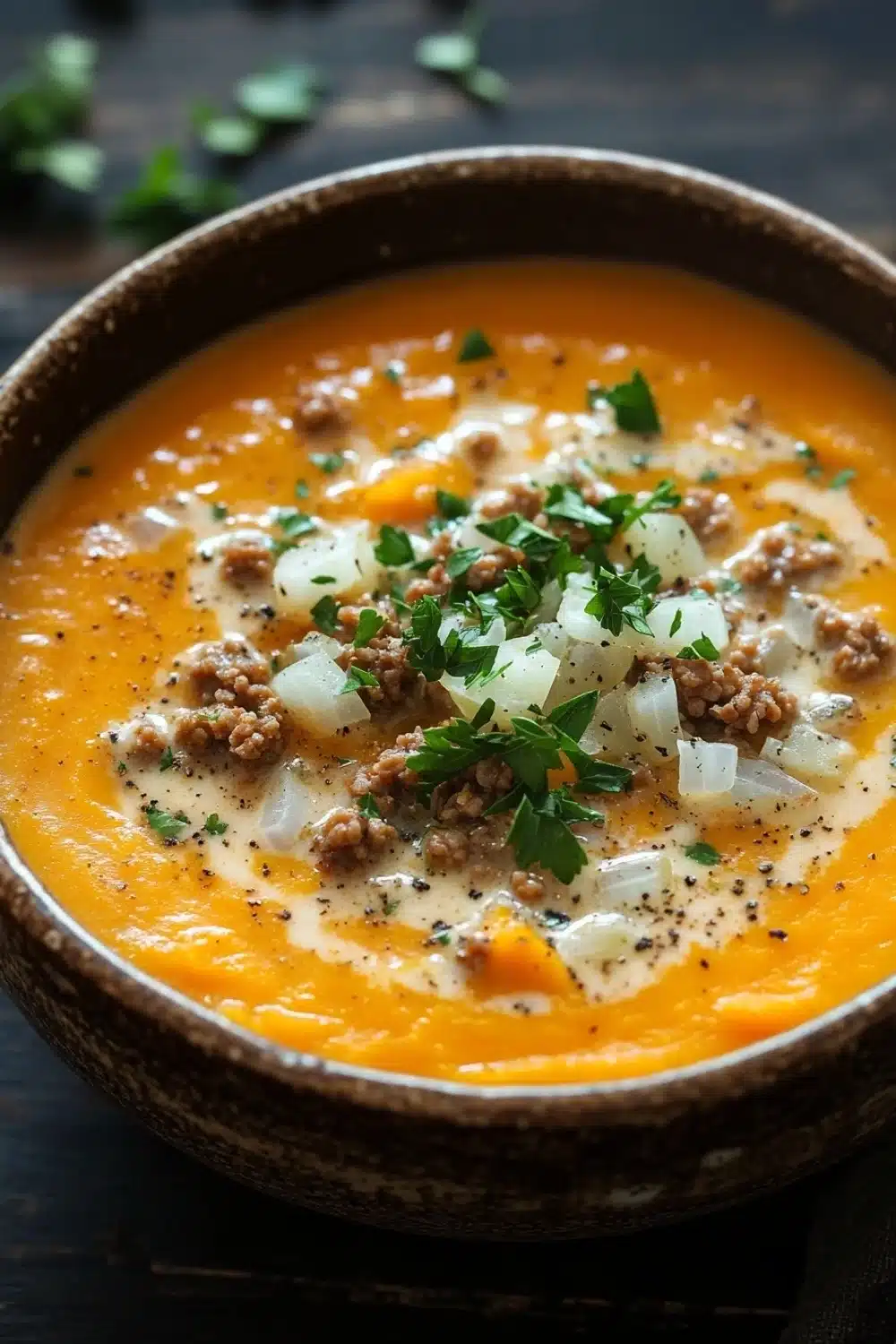 Butternut squash soup ground turkey - the image is a close-up of a bowl of soup. the soup appears to be orange in color and has a smooth texture. it is topped with chunks of ground beef, diced onions, and chopped parsley. the bowl is made of dark brown ceramic and is sitting on a dark wooden table. there are a few sprigs of parsley scattered around the bowl. the background is blurred, but it seems to be a rustic kitchen countertop.