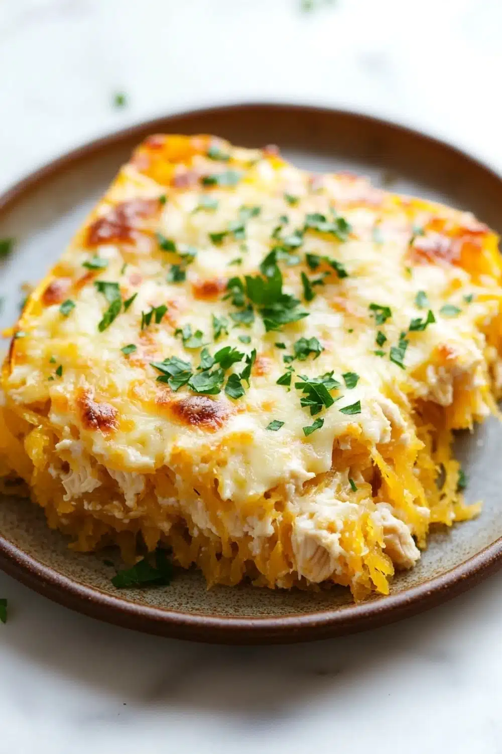 Cheesy chicken spaghetti squash casserole jar of lemons - the image shows a slice of spaghetti squash casserole on a brown plate. the dish appears to be freshly baked and has a golden brown crust on top. the top of the dish is covered in melted cheese and garnished with fresh parsley. the spaghetti squash is a bright yellow color and looks fluffy and golden brown. the plate is sitting on a white countertop with a few sprigs of parsley scattered around.