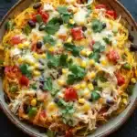 Cheesy mexican chicken spaghetti squash casserole optavia - the image is a close-up of a bowl of food. the bowl is made of ceramic and is placed on a dark grey surface. the food appears to be a casserole dish with a layer of shredded cheese on top. the cheese is melted and bubbly, and it is garnished with fresh cilantro leaves. there are also chunks of black beans, corn, and red bell peppers scattered throughout the dish. the dish looks freshly cooked and ready to eat.