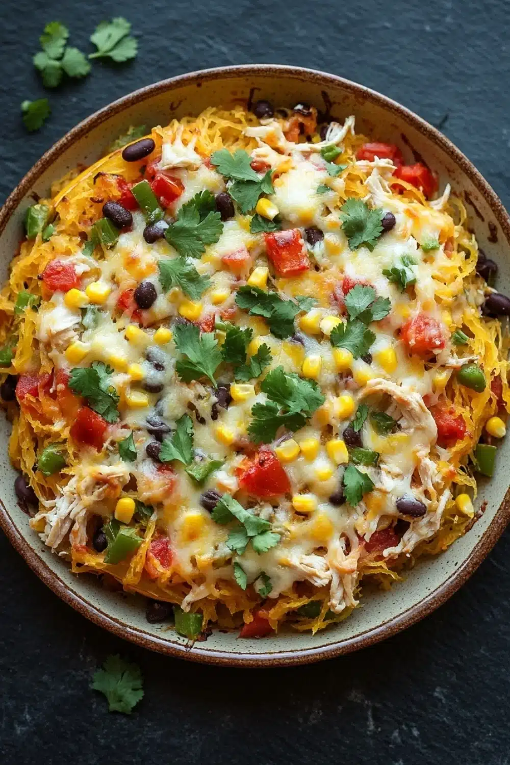 Cheesy mexican chicken spaghetti squash casserole optavia - the image is a close-up of a bowl of food. the bowl is made of ceramic and is placed on a dark grey surface. the food appears to be a casserole dish with a layer of shredded cheese on top. the cheese is melted and bubbly, and it is garnished with fresh cilantro leaves. there are also chunks of black beans, corn, and red bell peppers scattered throughout the dish. the dish looks freshly cooked and ready to eat.
