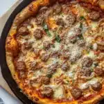 Chicago deep dish pizza cast iron skillet - the image shows a large pizza in a black cast iron skillet on a wooden cutting board. the pizza has a golden brown crust and is topped with melted cheese, sliced onions, and sausage. there are also some fresh herbs scattered on top of the pizza. the skillet is sitting on a white countertop with a gray and white striped napkin next to it.