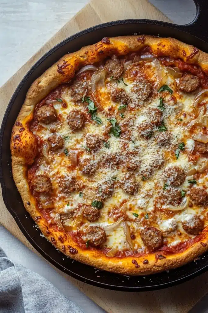 Chicago deep dish pizza cast iron skillet - the image shows a large pizza in a black cast iron skillet on a wooden cutting board. the pizza has a golden brown crust and is topped with melted cheese, sliced onions, and sausage. there are also some fresh herbs scattered on top of the pizza. the skillet is sitting on a white countertop with a gray and white striped napkin next to it.