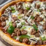 Chicago deep dish pizza toppings - the image is of a large pizza on a wooden cutting board. the pizza is topped with melted cheese, sliced mushrooms, green bell peppers, and red sauce. the toppings are arranged in a circular pattern on top of the pizza. the crust is golden brown and appears to be freshly baked. the background is blurred, but it seems to be a kitchen countertop with a white cloth napkin on the side.