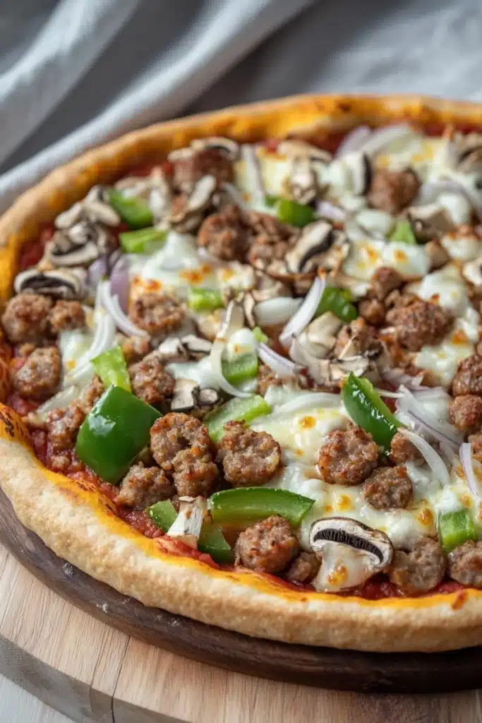 Chicago deep dish pizza toppings - the image is of a large pizza on a wooden cutting board. the pizza is topped with melted cheese, sliced mushrooms, green bell peppers, and red sauce. the toppings are arranged in a circular pattern on top of the pizza. the crust is golden brown and appears to be freshly baked. the background is blurred, but it seems to be a kitchen countertop with a white cloth napkin on the side.