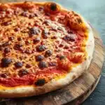 Chicago style thin crust pizza dough - the image is a close-up of a pizza on a wooden cutting board. the pizza is round and has a golden-brown crust. it is topped with a generous amount of red sauce, which appears to be pepperoni, mushrooms, and cheese. the cheese is melted and bubbly, and there are small black olives scattered throughout the pizza. the cutting board is placed on a dark grey countertop. the background is blurred, making the pizza the focal point of the image.