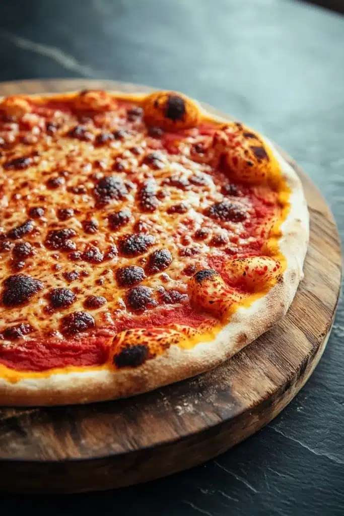 Chicago style thin crust pizza dough - the image is a close-up of a pizza on a wooden cutting board. the pizza is round and has a golden-brown crust. it is topped with a generous amount of red sauce, which appears to be pepperoni, mushrooms, and cheese. the cheese is melted and bubbly, and there are small black olives scattered throughout the pizza. the cutting board is placed on a dark grey countertop. the background is blurred, making the pizza the focal point of the image.
