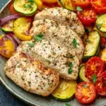 Chicken breast dinner paleo - the image shows a plate of grilled chicken and vegetables. the chicken is cooked to a golden brown color and appears to be seasoned with herbs and spices. the vegetables on the plate include sliced zucchini, cherry tomatoes, red onions, and yellow bell peppers. the plate is garnished with fresh parsley. the background is a dark grey countertop.