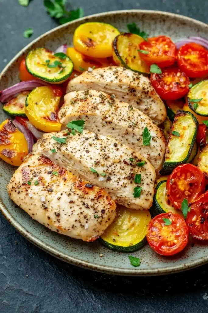 Chicken breast dinner paleo - the image shows a plate of grilled chicken and vegetables. the chicken is cooked to a golden brown color and appears to be seasoned with herbs and spices. the vegetables on the plate include sliced zucchini, cherry tomatoes, red onions, and yellow bell peppers. the plate is garnished with fresh parsley. the background is a dark grey countertop.