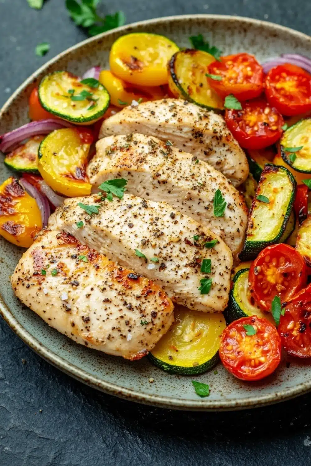 Chicken breast dinner paleo - the image shows a plate of grilled chicken and vegetables. the chicken is cooked to a golden brown color and appears to be seasoned with herbs and spices. the vegetables on the plate include sliced zucchini, cherry tomatoes, red onions, and yellow bell peppers. the plate is garnished with fresh parsley. the background is a dark grey countertop.