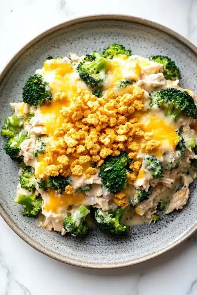 Chicken broccoli casserole cream of mushroom - the image is a close-up of a dish in a gray bowl. the dish appears to be a casserole or pasta dish with a creamy white sauce and chunks of chicken and broccoli mixed in. the top of the dish is covered in a layer of melted cheese, which is golden brown and bubbly. the broccoli is bright green and looks fresh and healthy. the bowl is sitting on a white marble countertop.