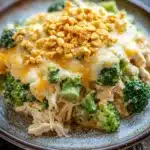 Chicken broccoli casserole dinner - the image is a close-up of a dish on a wooden table. the dish appears to be a casserole or casserolle, with a layer of shredded chicken and broccoli on top. the chicken is golden brown and looks crispy on the outside. the broccoli is bright green and looks fresh and healthy. the cheese is melted and bubbly, and there is a sprinkle of crumbled breadcrumbs on top, adding a crunchy texture to the dish. the plate is brown and has a textured surface.
