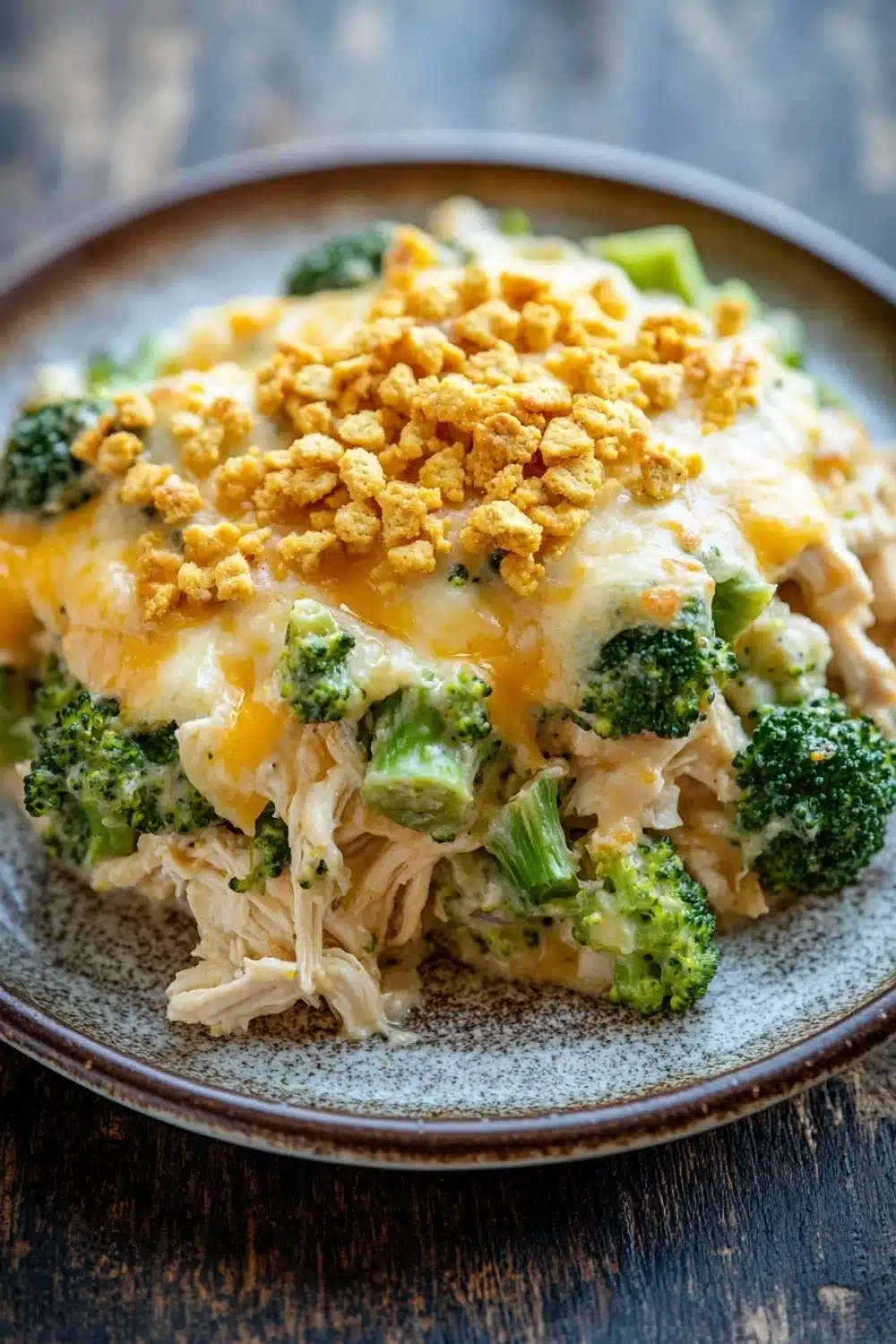 Chicken broccoli casserole dinner - the image is a close-up of a dish on a wooden table. the dish appears to be a casserole or casserolle, with a layer of shredded chicken and broccoli on top. the chicken is golden brown and looks crispy on the outside. the broccoli is bright green and looks fresh and healthy. the cheese is melted and bubbly, and there is a sprinkle of crumbled breadcrumbs on top, adding a crunchy texture to the dish. the plate is brown and has a textured surface.