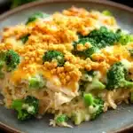 Chicken broccoli casserole knorr rice - the image shows a plate of food on a wooden table. the dish appears to be a casserole or lasagna, with a layer of melted cheese on top. the cheese is golden brown and bubbly, and there are small pieces of broccoli scattered throughout the dish. the broccoli is bright green and looks fresh and healthy. the plate is gray and has a textured surface. in the background, there are more broccoli florets and a white napkin.