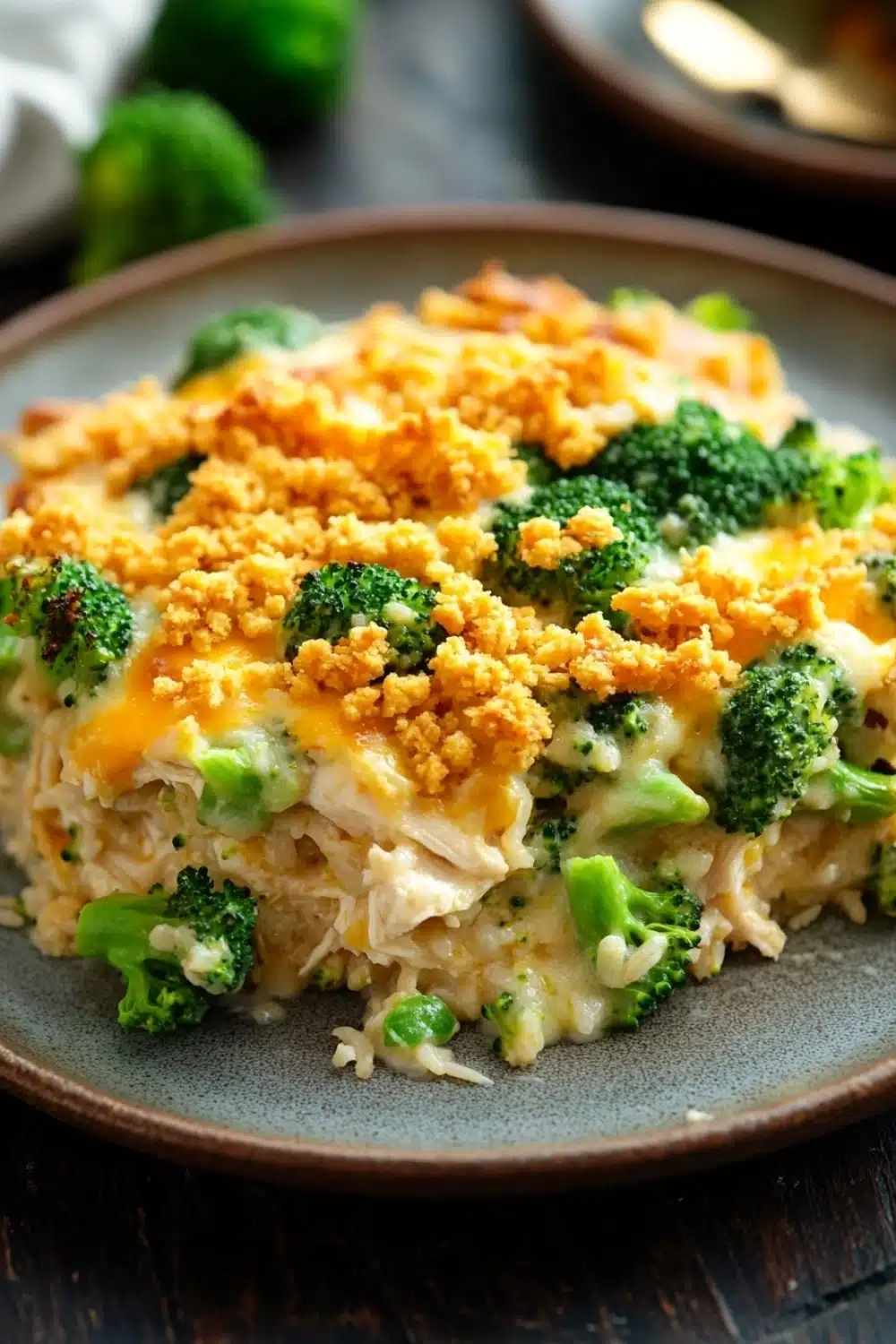 Chicken broccoli casserole knorr rice - the image shows a plate of food on a wooden table. the dish appears to be a casserole or lasagna, with a layer of melted cheese on top. the cheese is golden brown and bubbly, and there are small pieces of broccoli scattered throughout the dish. the broccoli is bright green and looks fresh and healthy. the plate is gray and has a textured surface. in the background, there are more broccoli florets and a white napkin.
