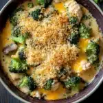 Chicken broccoli casserole mushroom soup - the image is a close-up of a dish in a brown ceramic bowl. the dish appears to be a casserole or casserolle, with a creamy yellow sauce and chunks of broccoli and mushrooms mixed in. the broccoli is bright green and looks fresh, while the mushrooms are dark brown and appear to be mushrooms. on top of the sauce, there is a layer of breadcrumbs, which are golden brown and crispy. the bowl is sitting on a dark wooden table, and there are a few sprigs of parsley scattered around the bowl.