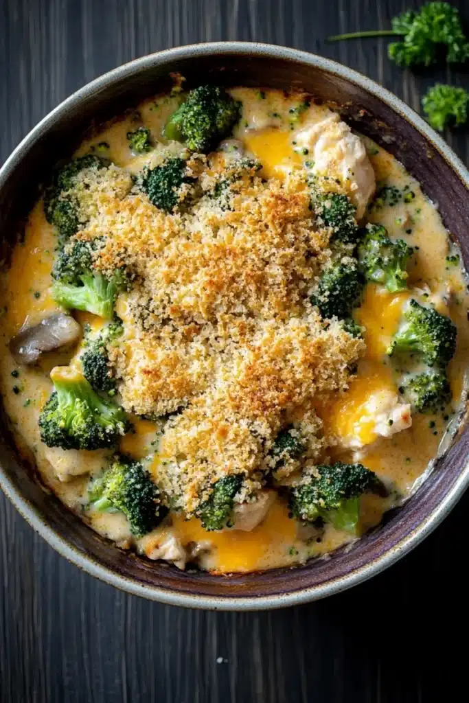 Chicken broccoli casserole mushroom soup - the image is a close-up of a dish in a brown ceramic bowl. the dish appears to be a casserole or casserolle, with a creamy yellow sauce and chunks of broccoli and mushrooms mixed in. the broccoli is bright green and looks fresh, while the mushrooms are dark brown and appear to be mushrooms. on top of the sauce, there is a layer of breadcrumbs, which are golden brown and crispy. the bowl is sitting on a dark wooden table, and there are a few sprigs of parsley scattered around the bowl.