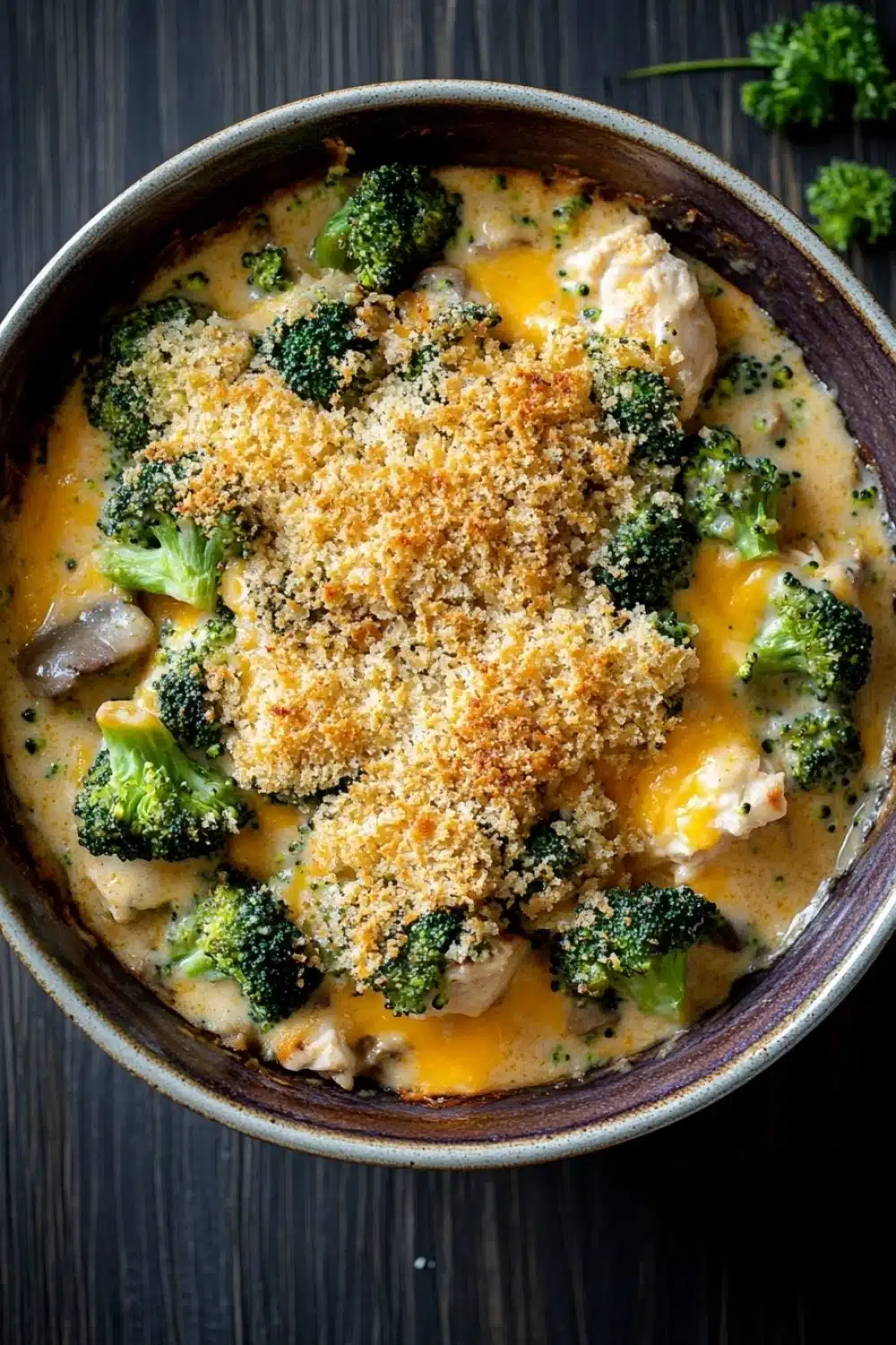 Chicken broccoli casserole mushroom soup - the image is a close-up of a dish in a brown ceramic bowl. the dish appears to be a casserole or casserolle, with a creamy yellow sauce and chunks of broccoli and mushrooms mixed in. the broccoli is bright green and looks fresh, while the mushrooms are dark brown and appear to be mushrooms. on top of the sauce, there is a layer of breadcrumbs, which are golden brown and crispy. the bowl is sitting on a dark wooden table, and there are a few sprigs of parsley scattered around the bowl.