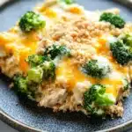 Chicken broccoli casserole protein - the image shows a close-up of a slice of broccoli casserole on a blue plate. the dish appears to be made with a golden-brown crust and is topped with melted cheese and crumbled breadcrumbs. the broccoli is bright green and looks fresh and healthy. the plate is sitting on a white marble countertop.