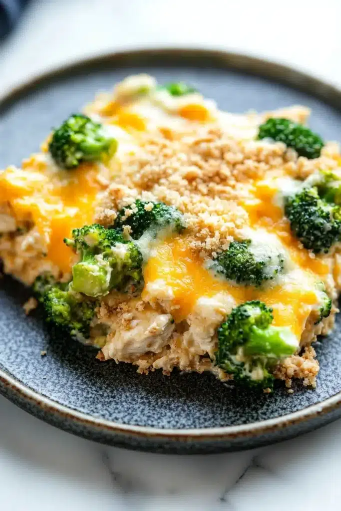 Chicken broccoli casserole protein - the image shows a close-up of a slice of broccoli casserole on a blue plate. the dish appears to be made with a golden-brown crust and is topped with melted cheese and crumbled breadcrumbs. the broccoli is bright green and looks fresh and healthy. the plate is sitting on a white marble countertop.