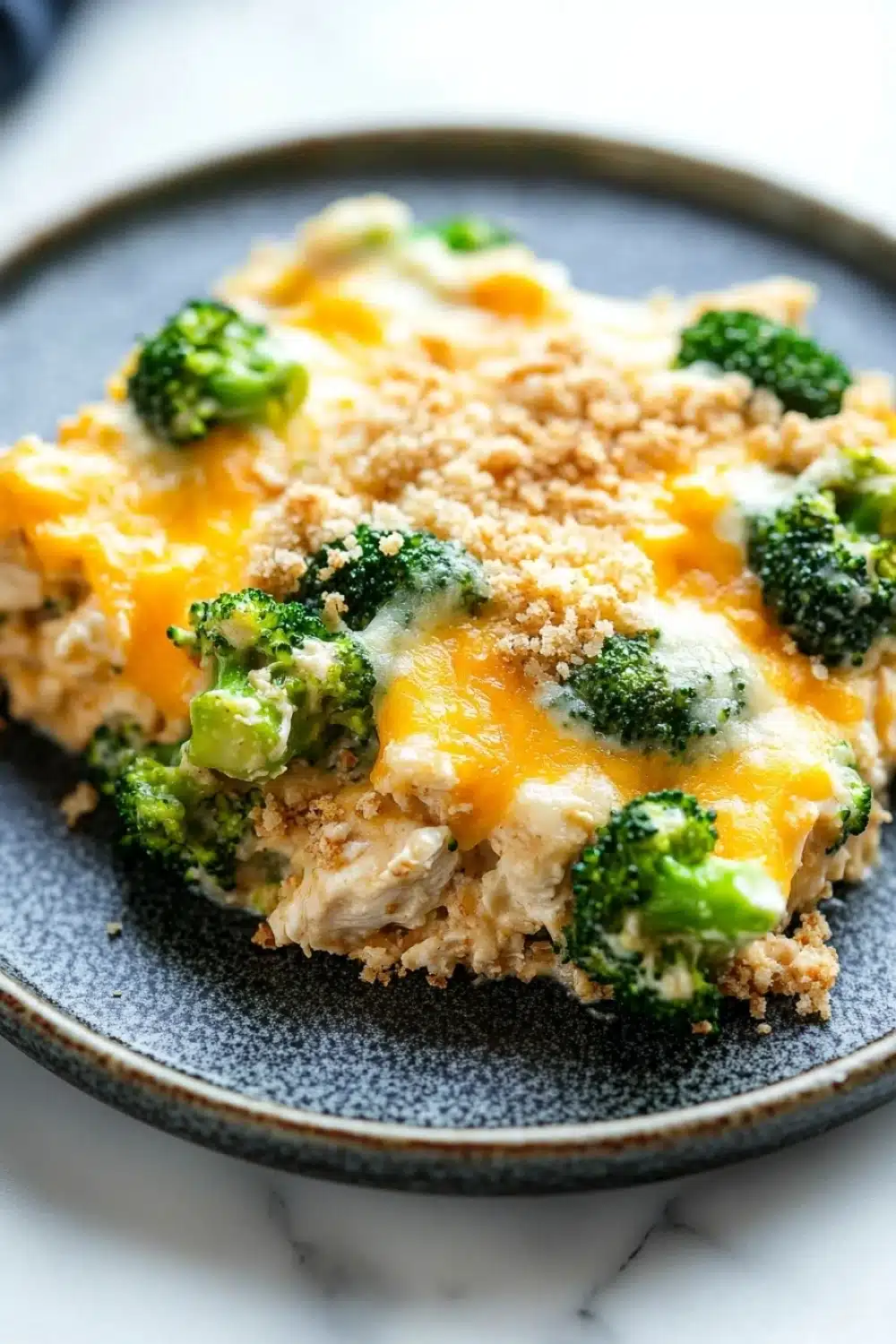 Chicken broccoli casserole protein - the image shows a close-up of a slice of broccoli casserole on a blue plate. the dish appears to be made with a golden-brown crust and is topped with melted cheese and crumbled breadcrumbs. the broccoli is bright green and looks fresh and healthy. the plate is sitting on a white marble countertop.