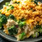 Chicken broccoli casserole ranch - the image is a close-up of a plate of food. the dish appears to be a casserole or macaroni and cheese, with chunks of chicken and broccoli mixed in. the top of the dish is covered in a golden-brown crumbly breadcrumb topping, which is sprinkled with melted cheese. the broccoli is bright green and looks fresh and healthy. the plate is black and has a textured surface. the background is blurred, making the dish the focal point of the image.