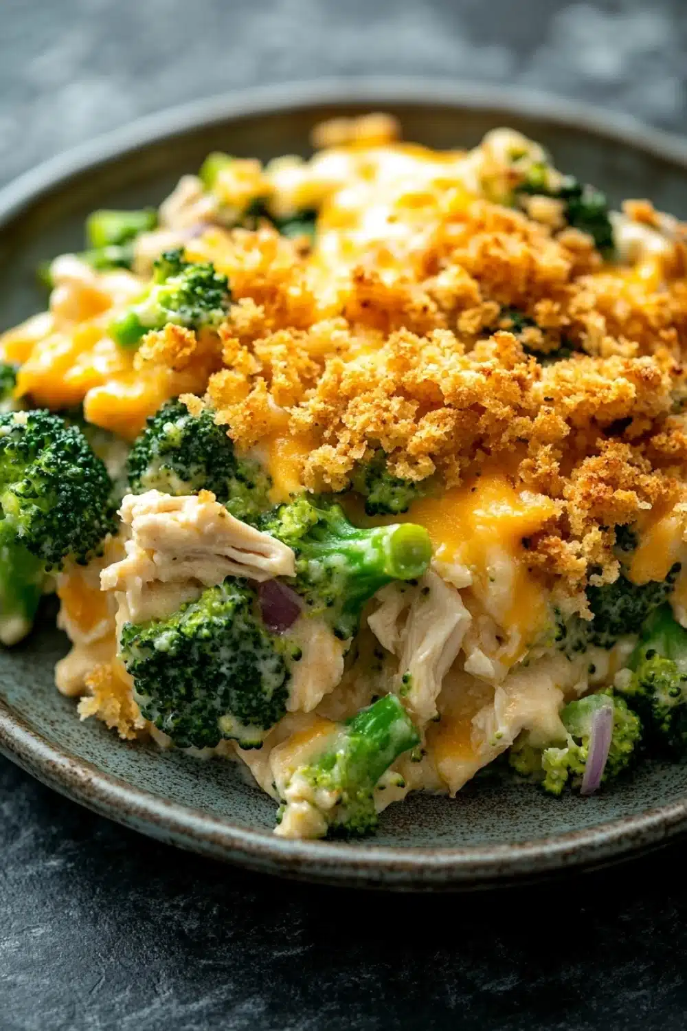 Chicken broccoli casserole ranch - the image is a close-up of a plate of food. the dish appears to be a casserole or macaroni and cheese, with chunks of chicken and broccoli mixed in. the top of the dish is covered in a golden-brown crumbly breadcrumb topping, which is sprinkled with melted cheese. the broccoli is bright green and looks fresh and healthy. the plate is black and has a textured surface. the background is blurred, making the dish the focal point of the image.