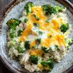 Chicken broccoli rice casserole greek yogurt - the image is a close-up of a plate of food. the plate is made of ceramic and has a brown rim. the food appears to be a dish made with rice and broccoli. the rice is white and fluffy, and the broccoli is bright green. on top of the rice, there is a layer of melted cheese, which is a bright yellow color. the cheese is spread evenly over the top, covering the entire dish. the dish looks appetizing and ready to eat.