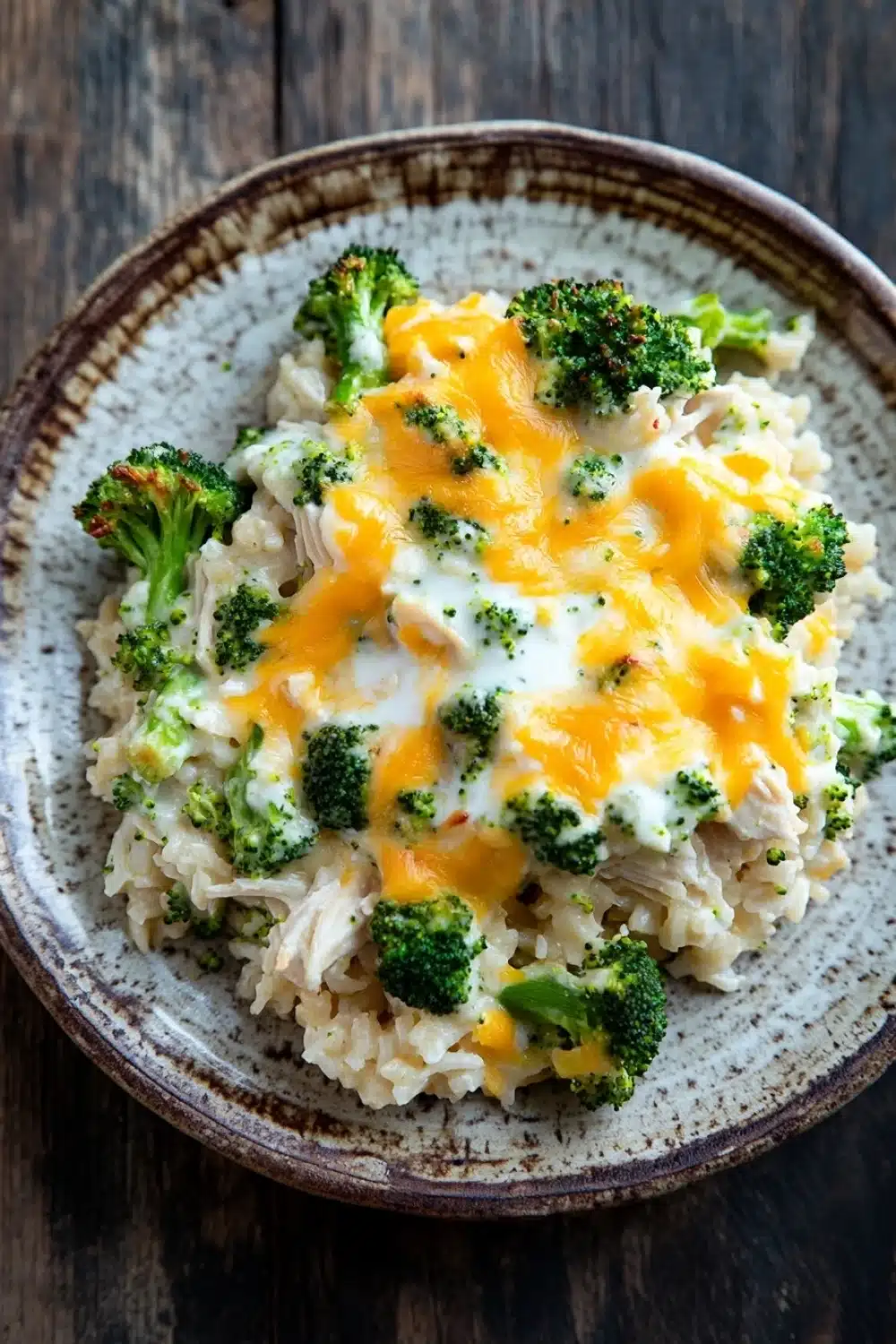 Chicken broccoli rice casserole greek yogurt - the image is a close-up of a plate of food. the plate is made of ceramic and has a brown rim. the food appears to be a dish made with rice and broccoli. the rice is white and fluffy, and the broccoli is bright green. on top of the rice, there is a layer of melted cheese, which is a bright yellow color. the cheese is spread evenly over the top, covering the entire dish. the dish looks appetizing and ready to eat.