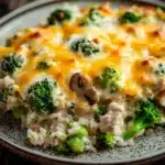 Chicken broccoli rice cream of mushroom casserole - the image is a close-up of a dish on a wooden table. the dish appears to be a casserole or dip, with a layer of melted cheese on top. the cheese is yellow and orange in color, and it is spread evenly over the top of the dish. there are small pieces of broccoli scattered throughout the dish, and some pieces of chicken can be seen in the center. the broccoli is bright green and looks fresh and healthy. the rice is white and fluffy, and there are small chunks of mushrooms scattered throughout. the plate is round and has a speckled pattern.