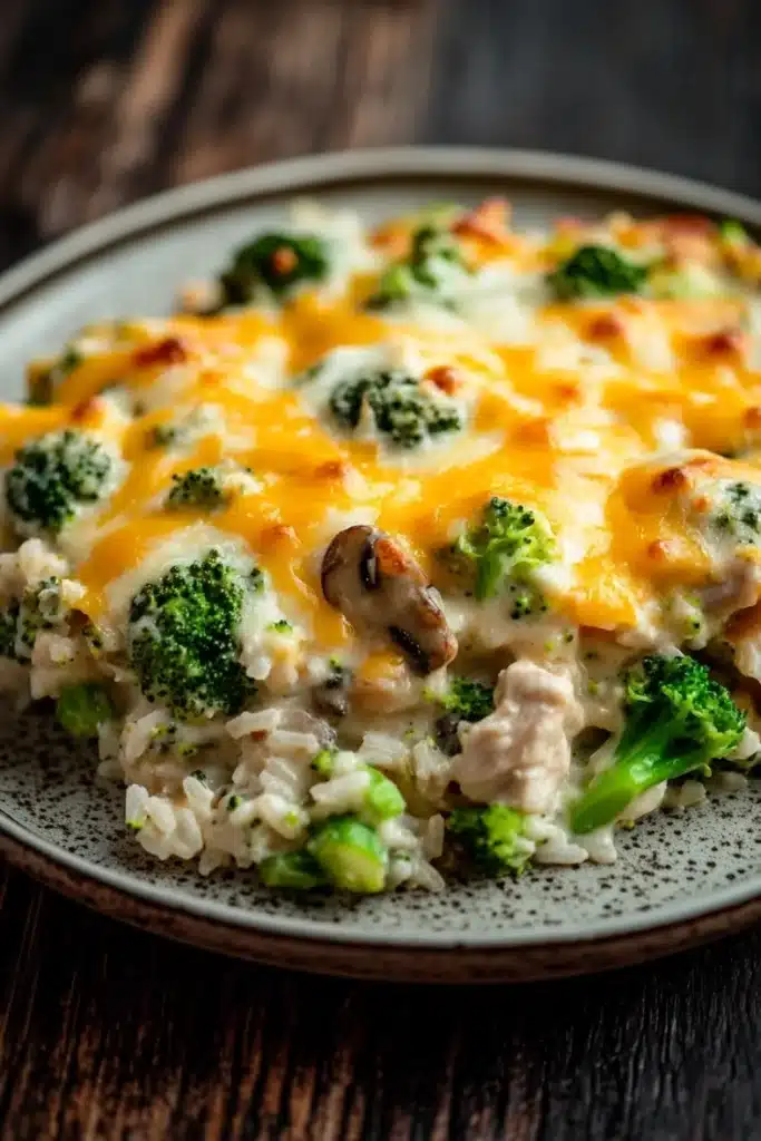 Chicken broccoli rice cream of mushroom casserole - the image is a close-up of a dish on a wooden table. the dish appears to be a casserole or dip, with a layer of melted cheese on top. the cheese is yellow and orange in color, and it is spread evenly over the top of the dish. there are small pieces of broccoli scattered throughout the dish, and some pieces of chicken can be seen in the center. the broccoli is bright green and looks fresh and healthy. the rice is white and fluffy, and there are small chunks of mushrooms scattered throughout. the plate is round and has a speckled pattern.