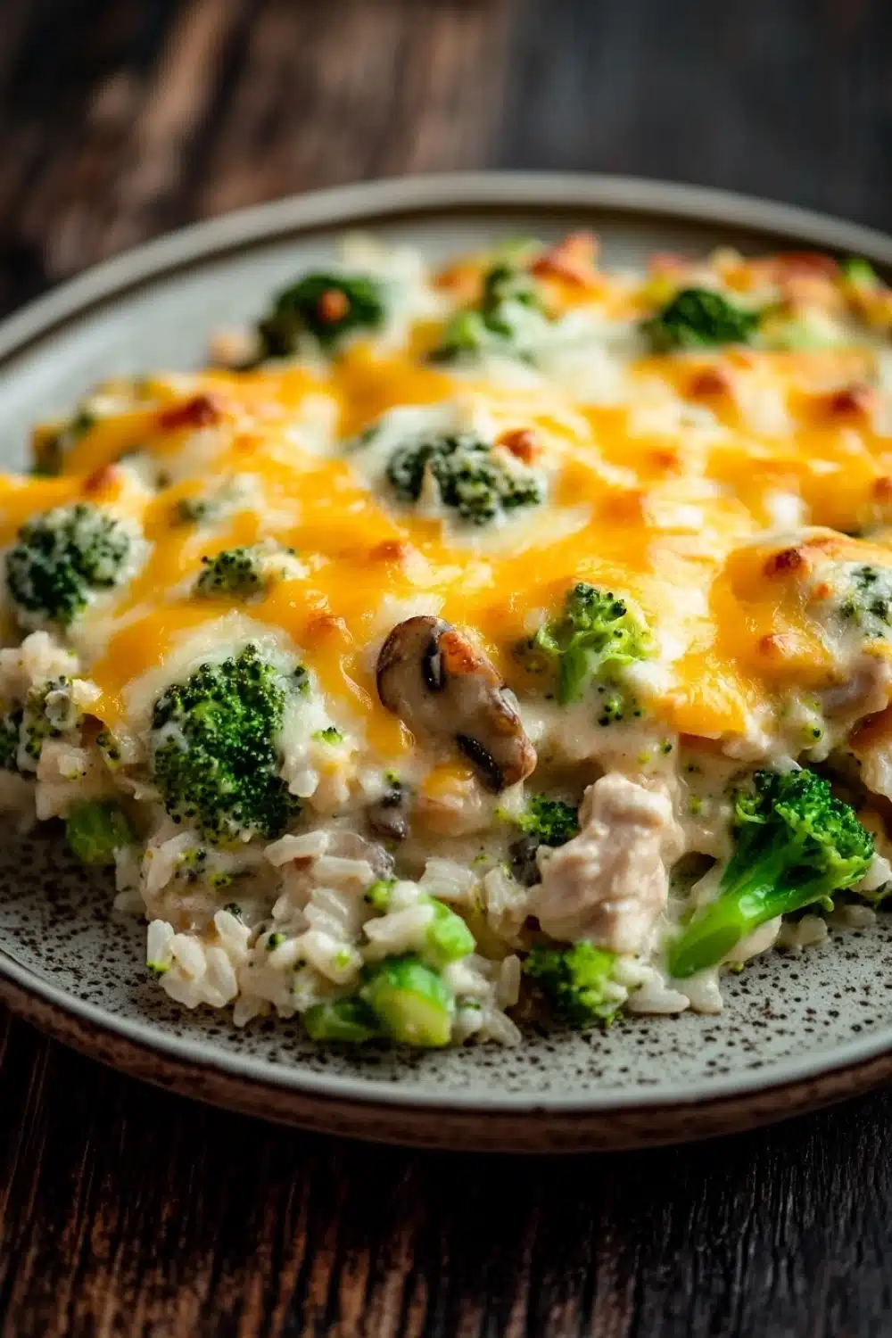 Chicken broccoli rice cream of mushroom casserole - the image is a close-up of a dish on a wooden table. the dish appears to be a casserole or dip, with a layer of melted cheese on top. the cheese is yellow and orange in color, and it is spread evenly over the top of the dish. there are small pieces of broccoli scattered throughout the dish, and some pieces of chicken can be seen in the center. the broccoli is bright green and looks fresh and healthy. the rice is white and fluffy, and there are small chunks of mushrooms scattered throughout. the plate is round and has a speckled pattern.