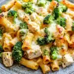Chicken broccoli ziti casserole - the image is a close-up of a plate of pasta dish. the pasta appears to be penne, which is a type of penne pasta, and it is topped with chunks of chicken and broccoli. the chicken is cooked to a golden brown color and is covered in a creamy sauce. the broccoli is bright green and looks fresh and vibrant. the dish is served on a gray plate with a speckled rim. the background is a wooden table.