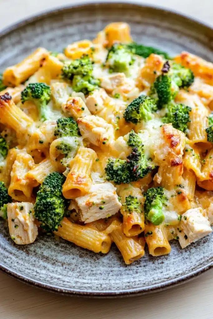 Chicken broccoli ziti casserole - the image is a close-up of a plate of pasta dish. the pasta appears to be penne, which is a type of penne pasta, and it is topped with chunks of chicken and broccoli. the chicken is cooked to a golden brown color and is covered in a creamy sauce. the broccoli is bright green and looks fresh and vibrant. the dish is served on a gray plate with a speckled rim. the background is a wooden table.