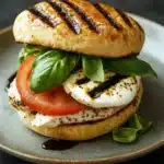 Chicken caprese sandwich - the image is a close-up of a sandwich on a gray plate. the sandwich is made with a toasted bun and is topped with grilled chicken, a slice of tomato, and a dollop of mozzarella cheese. the chicken is cooked to a golden brown color and the tomato is bright red. the cheese is melted and oozing out of the sides of the sandwich. there are also a few fresh basil leaves scattered around the plate, adding a pop of green color to the dish. the plate is sitting on a dark grey countertop.