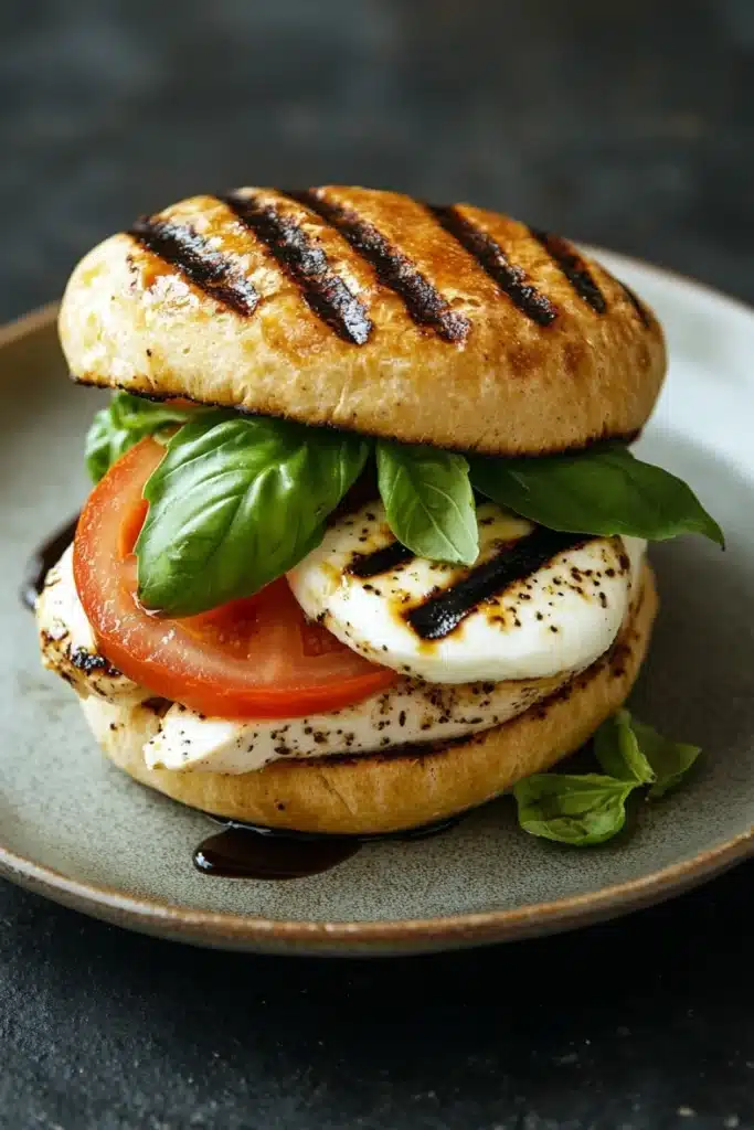 Chicken caprese sandwich - the image is a close-up of a sandwich on a gray plate. the sandwich is made with a toasted bun and is topped with grilled chicken, a slice of tomato, and a dollop of mozzarella cheese. the chicken is cooked to a golden brown color and the tomato is bright red. the cheese is melted and oozing out of the sides of the sandwich. there are also a few fresh basil leaves scattered around the plate, adding a pop of green color to the dish. the plate is sitting on a dark grey countertop.