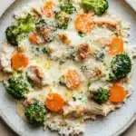 Chicken casserole greek yogurt - the image is a close-up of a plate of food. the plate is white with a light blue rim and is placed on a wooden table. the food appears to be a dish made with rice, broccoli, and chicken. the rice is white and fluffy, and the broccoli is bright green. the chicken is cooked to a golden brown color and is covered in a creamy sauce. there are also small pieces of orange carrots scattered throughout the dish. the dish is garnished with a sprinkle of parmesan cheese.