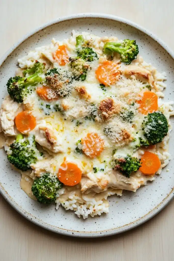Chicken casserole greek yogurt - the image is a close-up of a plate of food. the plate is white with a light blue rim and is placed on a wooden table. the food appears to be a dish made with rice, broccoli, and chicken. the rice is white and fluffy, and the broccoli is bright green. the chicken is cooked to a golden brown color and is covered in a creamy sauce. there are also small pieces of orange carrots scattered throughout the dish. the dish is garnished with a sprinkle of parmesan cheese.