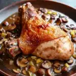 Chicken leg quarters with mushroom gravy - the image shows a plate of food with a whole chicken on it. the chicken is cooked to a golden brown color and appears to be seasoned with herbs and spices. the dish is garnished with sliced mushrooms, onions, and corn kernels. the plate is brown and has a textured surface. the background is a dark grey countertop.