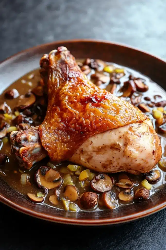 Chicken leg quarters with mushroom gravy - the image shows a plate of food with a whole chicken on it. the chicken is cooked to a golden brown color and appears to be seasoned with herbs and spices. the dish is garnished with sliced mushrooms, onions, and corn kernels. the plate is brown and has a textured surface. the background is a dark grey countertop.