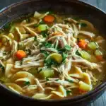 Chicken noodle soup for two - the image is a close-up of a bowl of soup. the soup appears to be a type of noodle soup with chunks of chicken, carrots, celery, and other vegetables mixed in. the broth is a light brown color and is thick and creamy. the bowl is made of dark brown ceramic and is sitting on a dark wooden table. there are a few sprigs of parsley scattered around the bowl, adding a pop of green color to the dish. the background is blurred, making the bowl the focal point of the image.