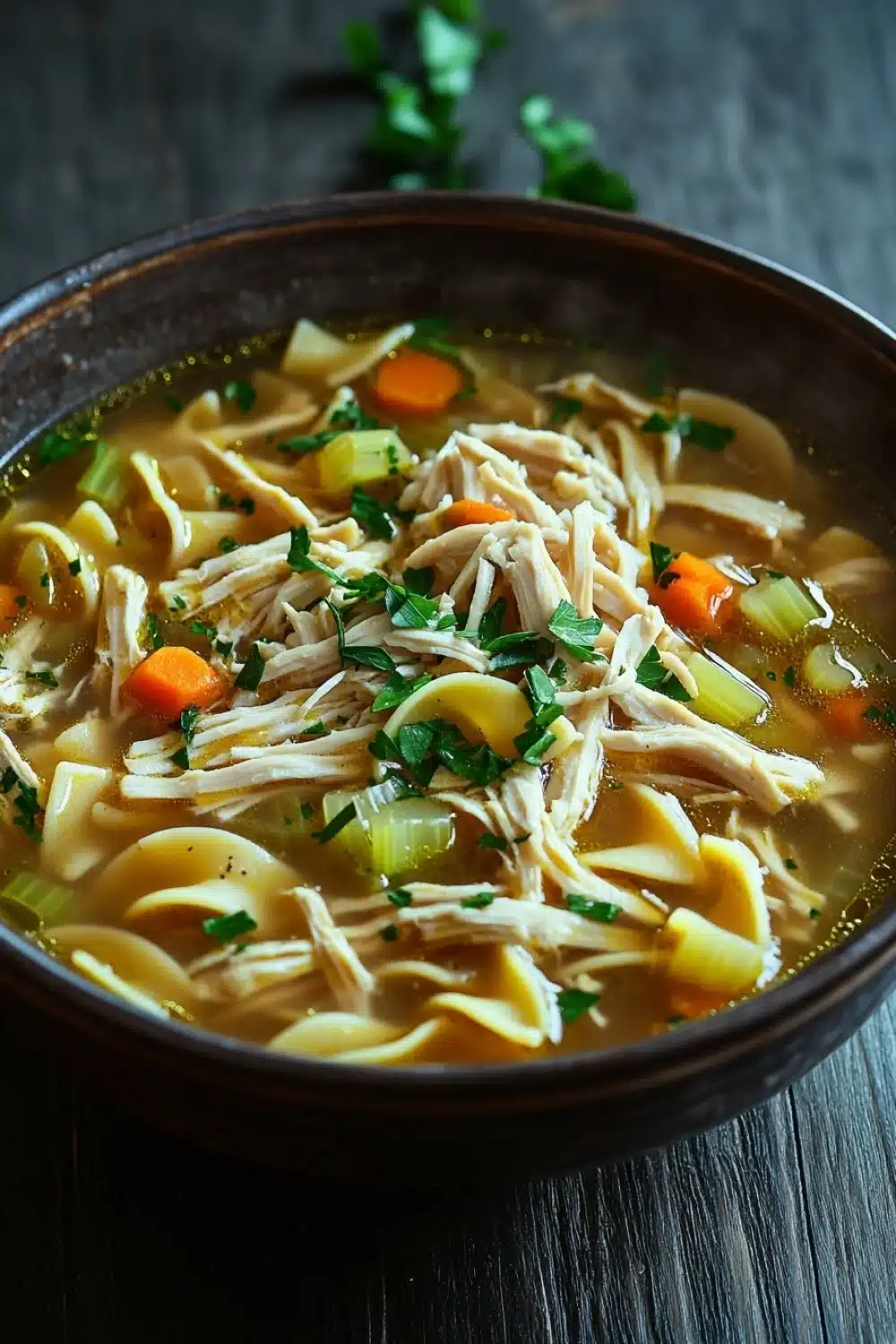 Chicken noodle soup for two - the image is a close-up of a bowl of soup. the soup appears to be a type of noodle soup with chunks of chicken, carrots, celery, and other vegetables mixed in. the broth is a light brown color and is thick and creamy. the bowl is made of dark brown ceramic and is sitting on a dark wooden table. there are a few sprigs of parsley scattered around the bowl, adding a pop of green color to the dish. the background is blurred, making the bowl the focal point of the image.