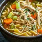 Chicken noodle soup kids - the image is a close-up of a bowl of chicken noodle soup. the bowl is made of ceramic and has a dark brown color. the soup is filled with noodles, chunks of chicken, carrots, celery, and other vegetables. the noodles are light yellow and appear to be thick and fluffy. the chicken is cooked to a golden brown color and is garnished with chopped herbs. the vegetables are bright orange and look fresh and vibrant. the broth is thick and thick, and the soup looks thick and creamy. the background is dark, making the colors of the soup stand out.