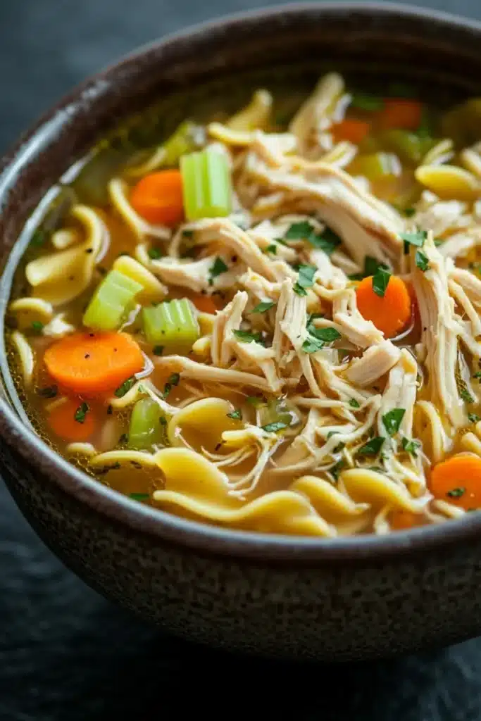 Chicken noodle soup kids - the image is a close-up of a bowl of chicken noodle soup. the bowl is made of ceramic and has a dark brown color. the soup is filled with noodles, chunks of chicken, carrots, celery, and other vegetables. the noodles are light yellow and appear to be thick and fluffy. the chicken is cooked to a golden brown color and is garnished with chopped herbs. the vegetables are bright orange and look fresh and vibrant. the broth is thick and thick, and the soup looks thick and creamy. the background is dark, making the colors of the soup stand out.