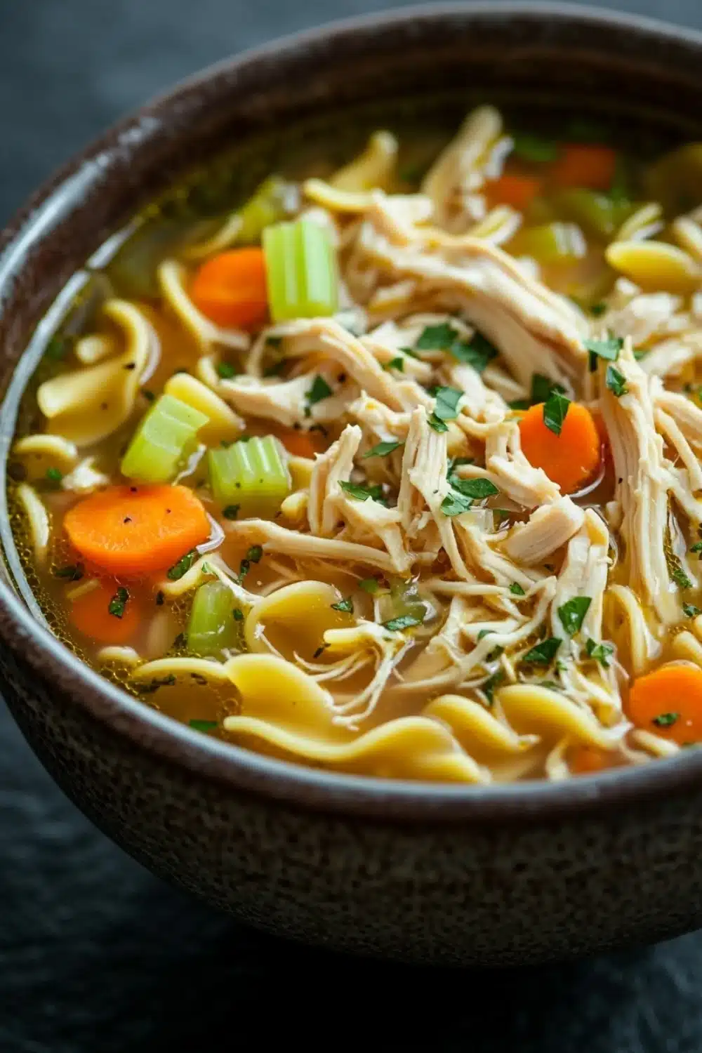 Chicken noodle soup kids - the image is a close-up of a bowl of chicken noodle soup. the bowl is made of ceramic and has a dark brown color. the soup is filled with noodles, chunks of chicken, carrots, celery, and other vegetables. the noodles are light yellow and appear to be thick and fluffy. the chicken is cooked to a golden brown color and is garnished with chopped herbs. the vegetables are bright orange and look fresh and vibrant. the broth is thick and thick, and the soup looks thick and creamy. the background is dark, making the colors of the soup stand out.