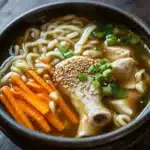 Chicken noodle soup korean - the image is a close-up of a bowl of ramen soup. the bowl is made of dark brown ceramic and is sitting on a wooden table. the soup is a light brown color and appears to be thick and creamy. on top of the soup, there are thin noodles, sliced carrots, and sliced green onions. there is also a small piece of sesame seeds sprinkled on top. the broth is thick and thick, and the noodles are thin and fluffy. the vegetables are bright orange and appear to be carrots. the overall appearance of the dish is fresh and appetizing.