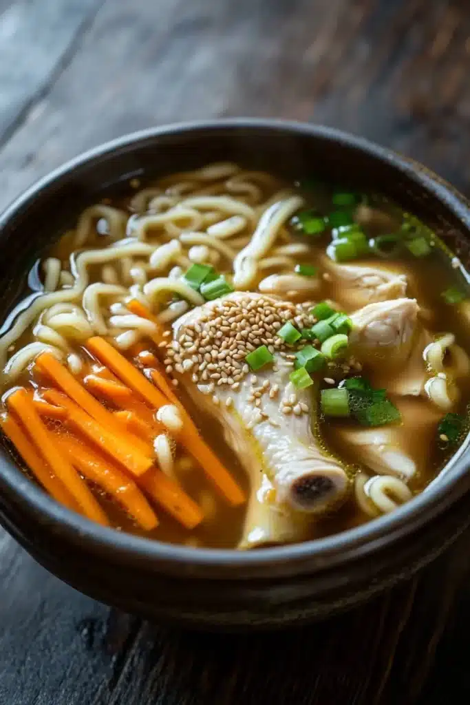 Chicken noodle soup korean - the image is a close-up of a bowl of ramen soup. the bowl is made of dark brown ceramic and is sitting on a wooden table. the soup is a light brown color and appears to be thick and creamy. on top of the soup, there are thin noodles, sliced carrots, and sliced green onions. there is also a small piece of sesame seeds sprinkled on top. the broth is thick and thick, and the noodles are thin and fluffy. the vegetables are bright orange and appear to be carrots. the overall appearance of the dish is fresh and appetizing.