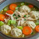 Chicken noodle soup with dumplings - the image is a close-up of a bowl of soup. the soup appears to be made with chicken, dumplings, carrots, celery, and other vegetables. the bowl is made of ceramic and is sitting on a wooden table. the broth is a light brown color and there are chunks of chicken and carrots visible in the soup. there are also some green herbs scattered throughout the soup, adding a pop of color to the dish.