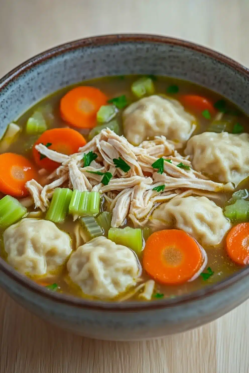 Chicken noodle soup with dumplings - the image is a close-up of a bowl of soup. the soup appears to be made with chicken, dumplings, carrots, celery, and other vegetables. the bowl is made of ceramic and is sitting on a wooden table. the broth is a light brown color and there are chunks of chicken and carrots visible in the soup. there are also some green herbs scattered throughout the soup, adding a pop of color to the dish.