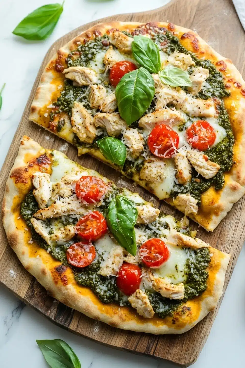 Chicken pesto pizza on naan bread - the image shows two freshly baked pizzas on a wooden cutting board. the pizzas are topped with grilled chicken, cherry tomatoes, and basil leaves. the chicken is cooked to a golden brown color and appears to be seasoned with herbs and spices. the cherry tomatoes are bright red and look ripe and juicy. the basil leaves are scattered around the pizza, adding a pop of green color to the dish. the cutting board is placed on a white marble countertop.