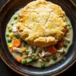 Chicken pot pie casserole freezer - the image shows a bowl of chicken pot pie on a wooden table. the pot pie is golden brown and has a flaky crust on top. it is filled with chunks of chicken, peas, carrots, and other vegetables. the soup is a creamy white color and appears to be thick and creamy. the bowl is made of dark brown ceramic and is sitting on a dark wooden surface.